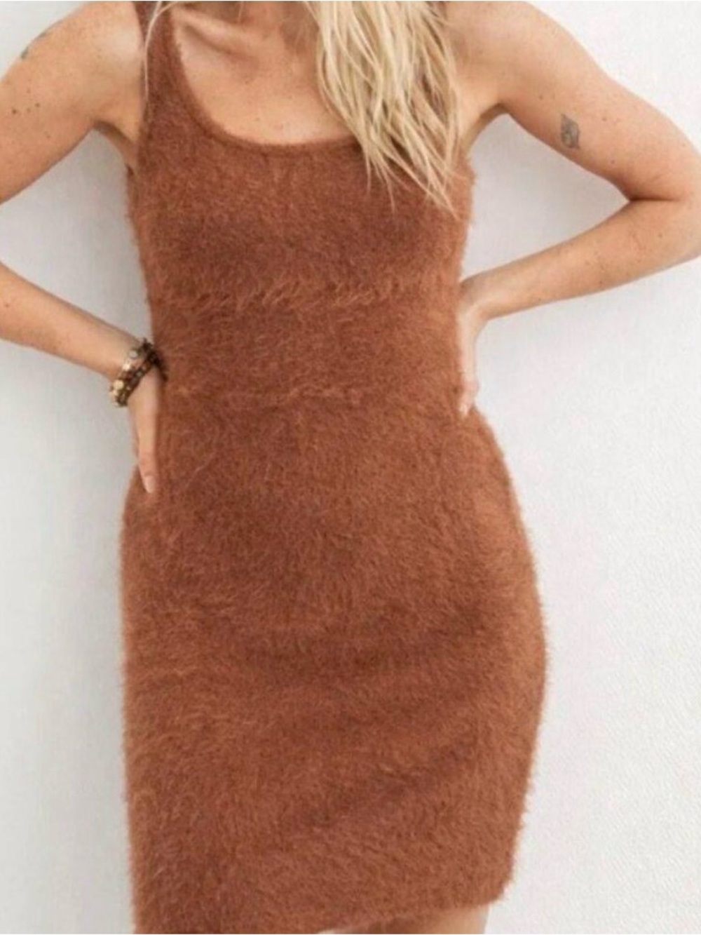 Mocha Fuzzy Aerie Cozy Knit Y2K Sweater Dress Size L Layering Fall